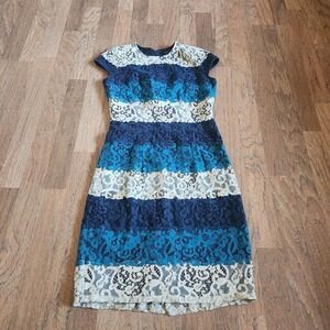 Ann Taylor Petite Sheath Dress 00P Blue Teal Cream Striped Floral Lace 530